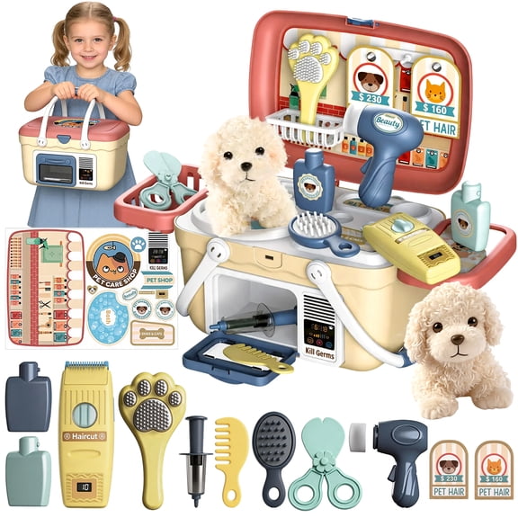 Chuvikid Pet Care Playset,Pet Dog Carrier Suitcase Toy with Puppy Doll,Nursing Tools,Pet Case,Pet Care & Beauty,Fun Birthday for Kids Girls Aged 3-8 Year Old