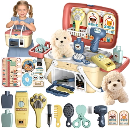 Chuvikid Pet Care Playset Pet Dog Carrier Suitcase Toy with Puppy Doll Nursing Tools Pet Case Pet Care & Beauty Fun Birthday for Kids Girls Aged 3-8 Year Old
