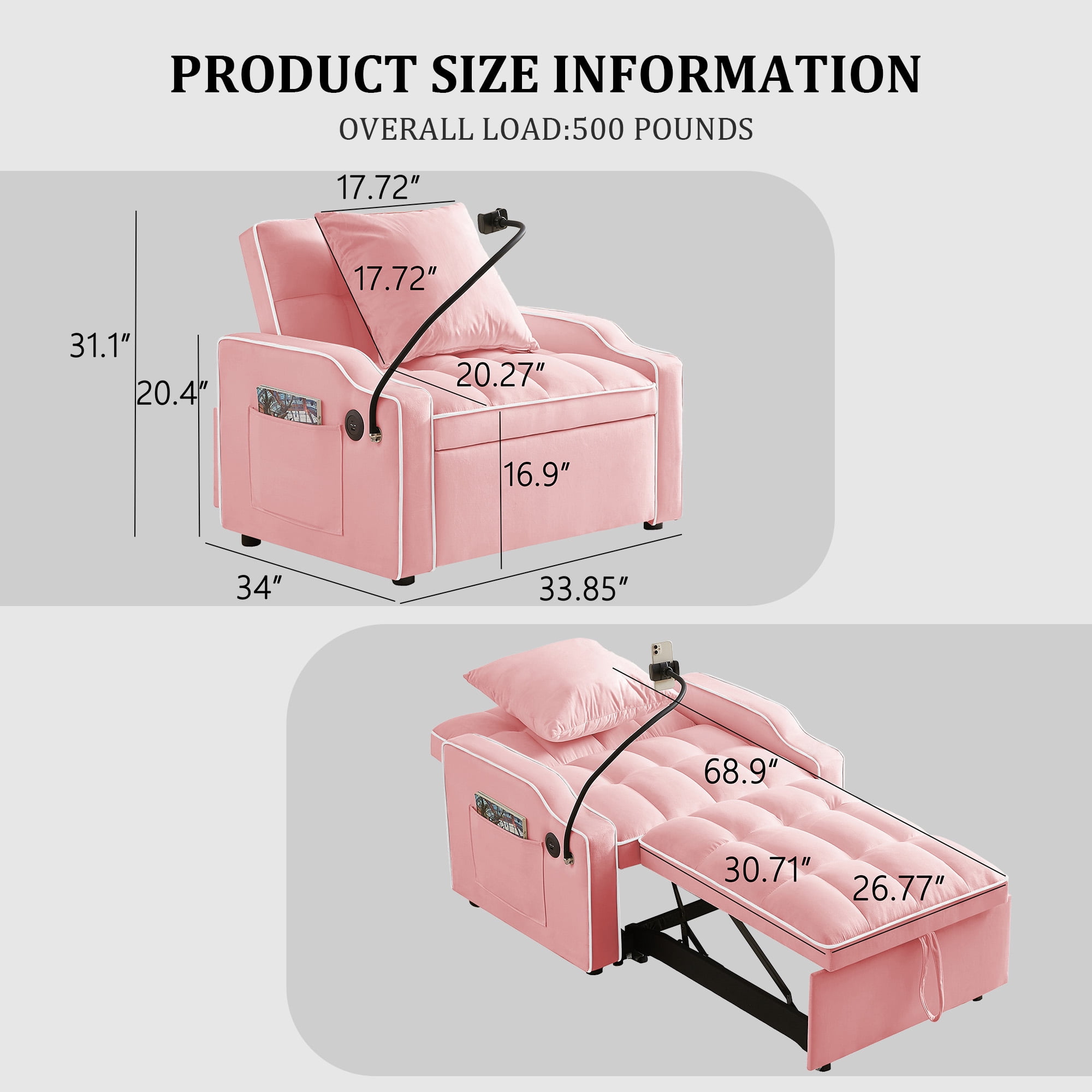 MOONMISS 3 in 1 Sleeper Sofa Chair Bed,Velvet Adjustable Recliner with Charge Ports&Phone Holder,Pink