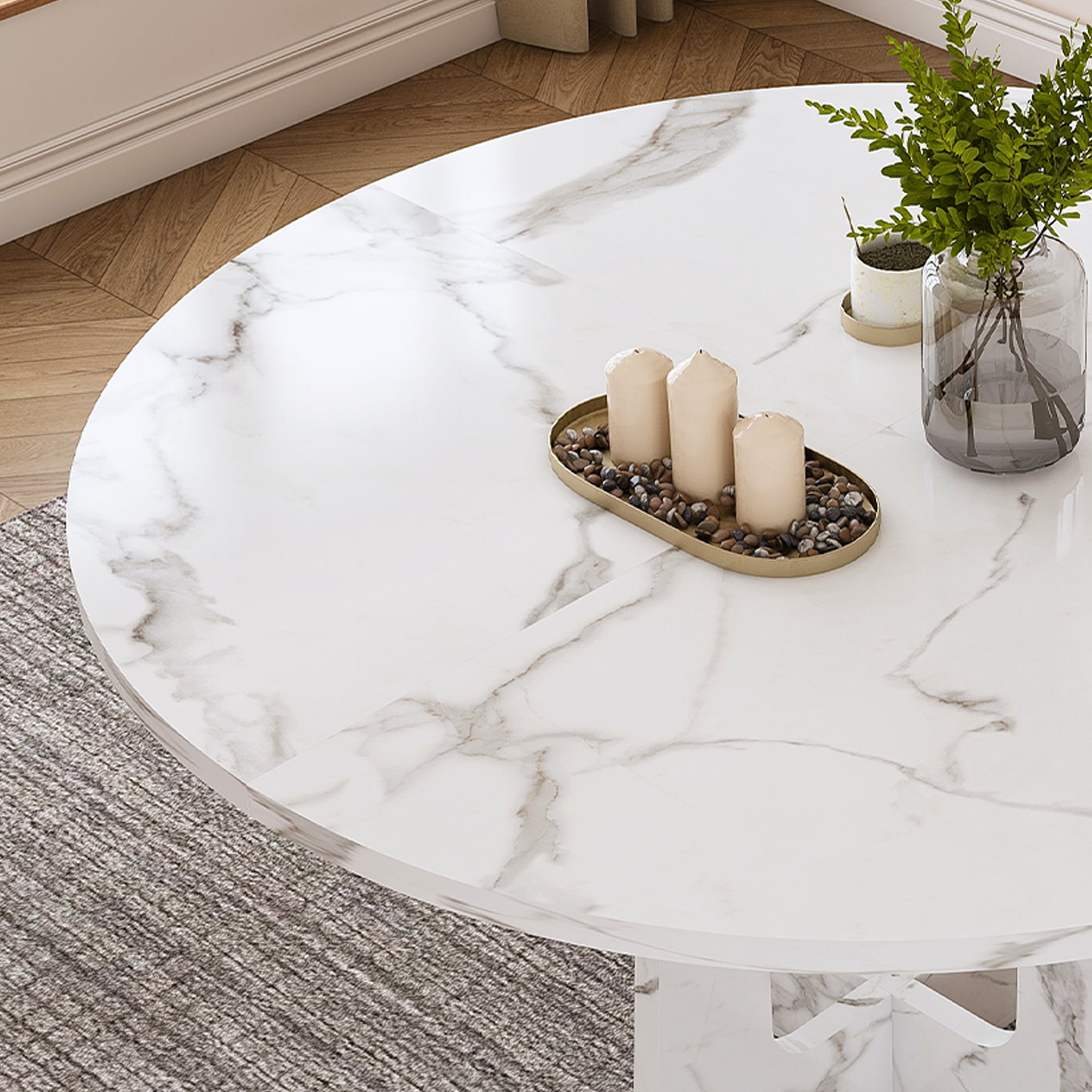 Miniyam 47" Round Dining Table for 4-6 People, Modern Pedestal Base White Marble Look MDF Dining Room Table for Kitchen, Apartment