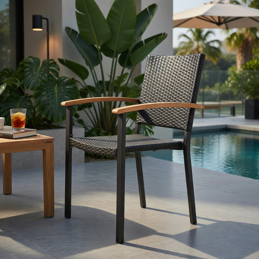 Hommoo Set of 4 Stackable Outdoor Patio Dining Chairs, PE Rattan Wicker with Powder-Coated Steel Frame & Acacia Wood Armrests, Rust-Resistant Backyard Seating, Black