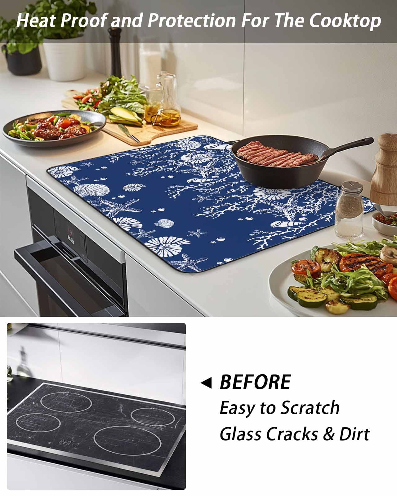Stove Top Covers for Electric Stove, Navy Blue Coastal Glass Stovetop Cover Protector, Starfish Coral Ocean Conch Sea Nautical Induction Cooktop Protector Oven Mat for Kitchen Countertop 24"x21"