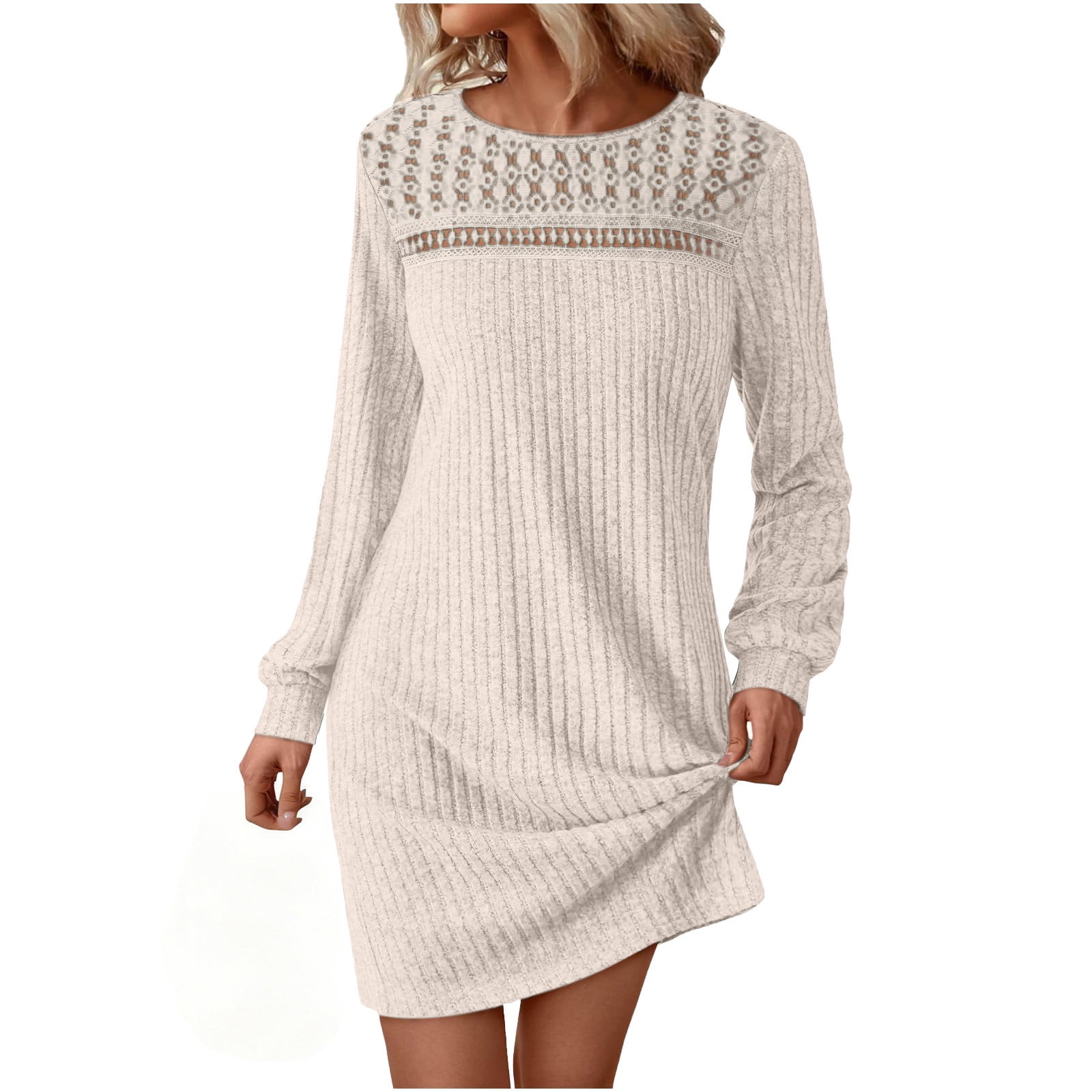 Jinhomg Lace Dresses for Women Long Sleeve Eyelet Ribbed Knit Mini Dress Loose Fit Casual Dresses Spring Clothes Outfits