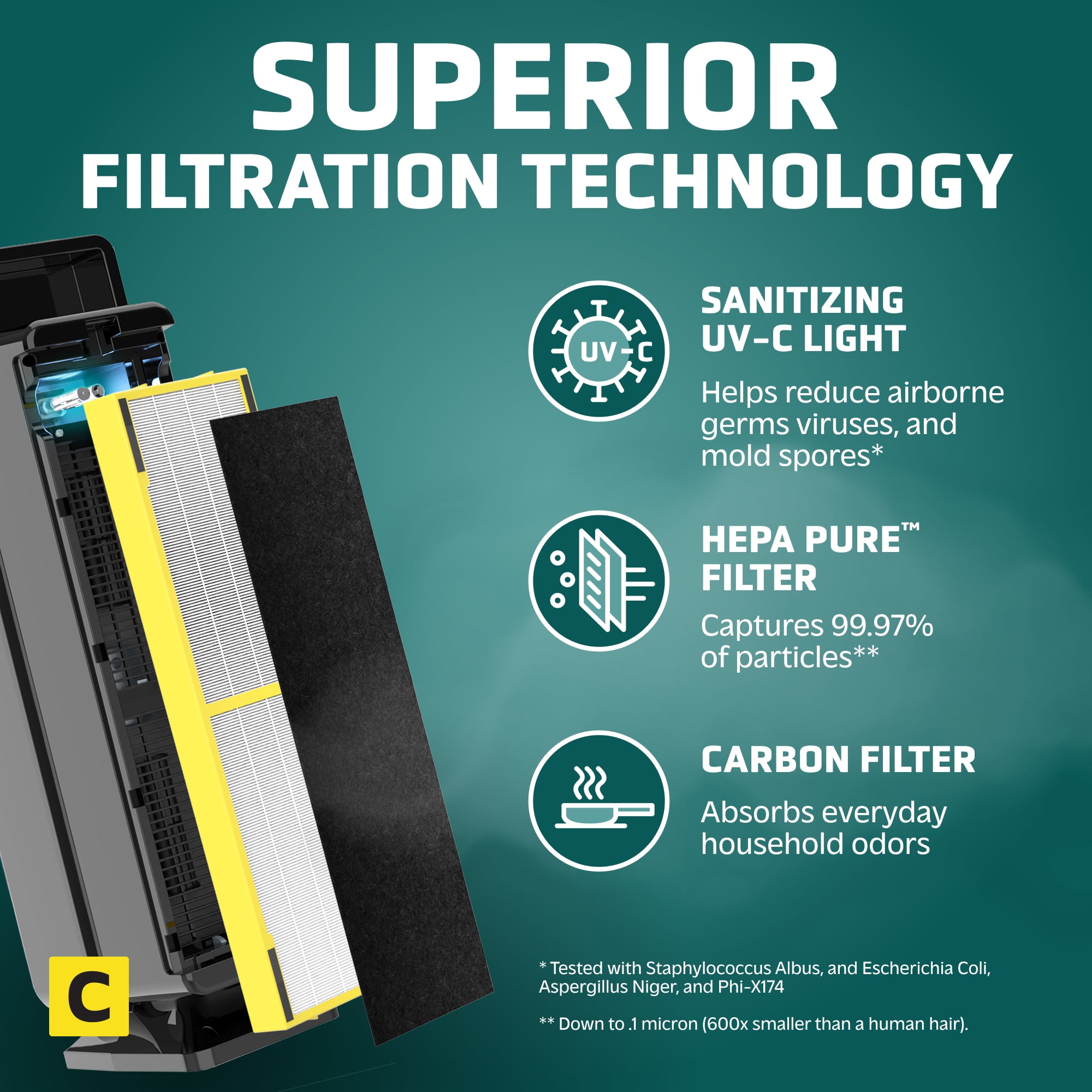 GermGuardian 870 Sq. ft HEPA Pure Filter Tower Air Purifier with UV-C, AC5350B, Black