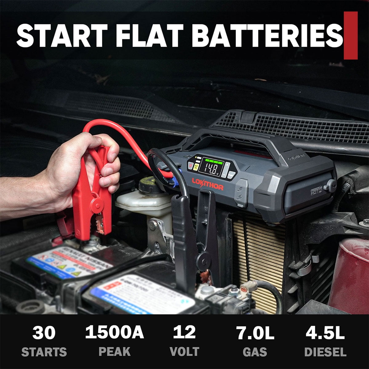 LOKITHOR JA300 Jump Starter with Air Compressor, 1500Amp 12V Portable Car Battery Booster Pack(7.0L Gas/4.5L Diesel)150 PSI Tire Inflator with Digital Screen, 24 Months Ultra-Long Standby