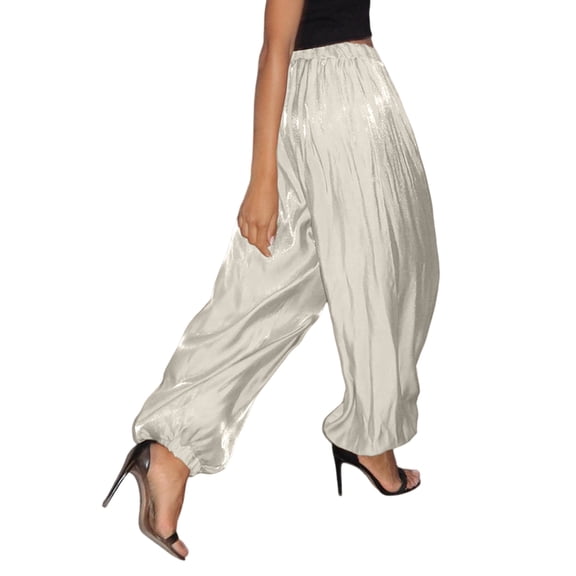 Women's Glossy Lantern Pants Spring Summer Street Fashion Low-Rise Cuffed-Hem Trousers with Fluid White S