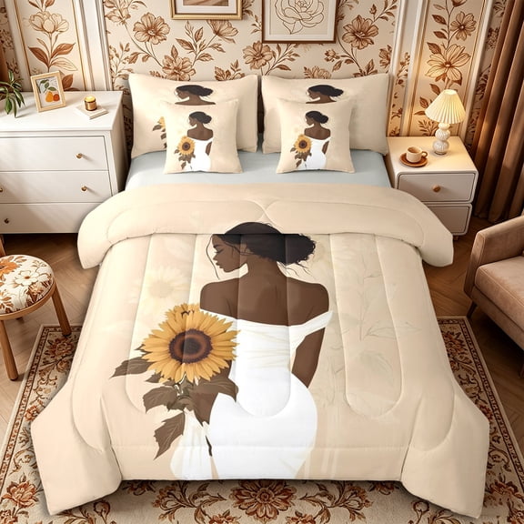 Castle Fairy Elegant Female Figure Twin Bedding 7-Piece,Retro Floral Sunflower Bedding Comforter Set,Beige,Grey Reversible