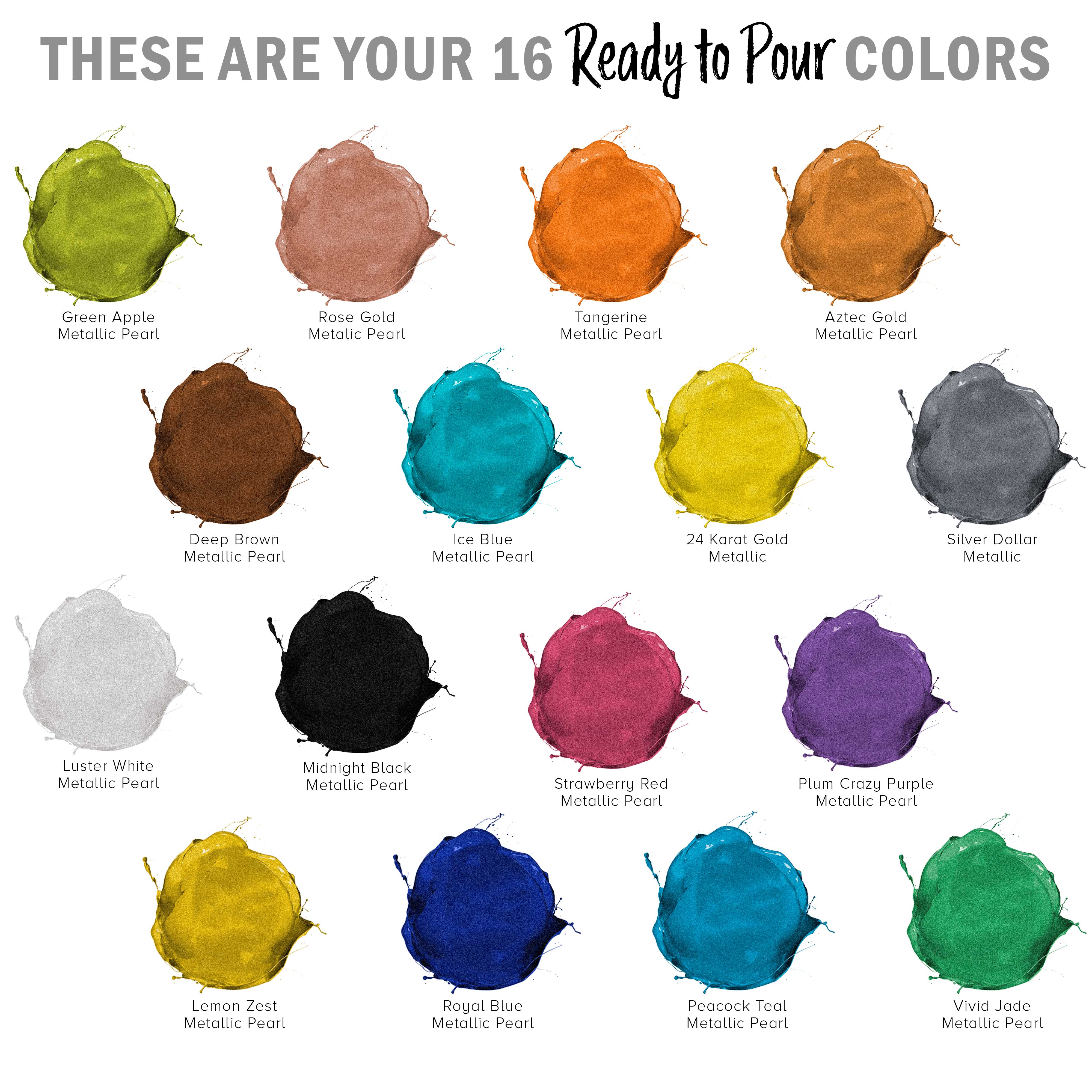 Pouring Masters 16-Color Ready-to-Pour Acrylic Pouring Paint Set, with Silicone Oil & Gloss Medium, 8oz Bottles, Pour Paint Supplies for Canvas & Crafts