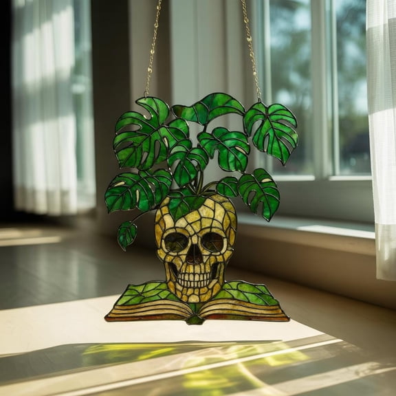 Skull Monstera Acrylic Suncatcher Gothic Plant & Book Window Hanging, Monstera Faux Stained-Glass, Spooky Home Ornament