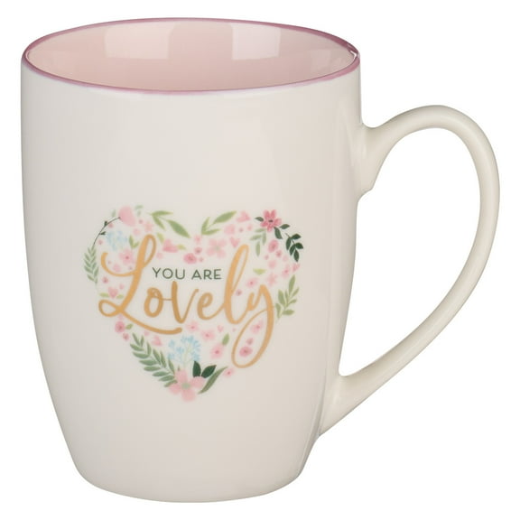 With Love Inspirational Coffee Mug for Women, You are Lovely Pink Floral Heart Gold Lettering Motivational Coffee/Tea Cup for Her Birthday, Mother's Day, 12oz Ceramic