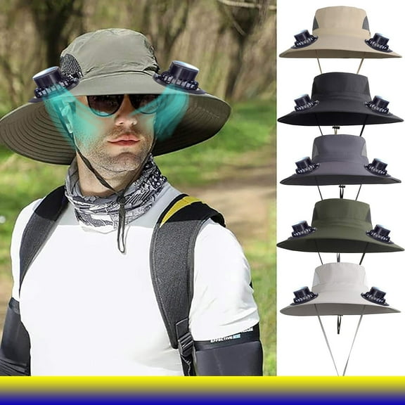 WKSCLPAI Wide Brim Solar Fan Hat for Men Women - Bucket Hat with 2 Built-in Fans, Solar & USB Dual Power, Outdoor Sun Protection Hat for Fishing Camping Travel,Clearance