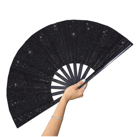 Large Folding Fan-Hand Fan Popping Fan for Line Dancing Clacking Fans for Boots On The Ground Dance, Party,Outdoor,Decoration (Black Glitter)