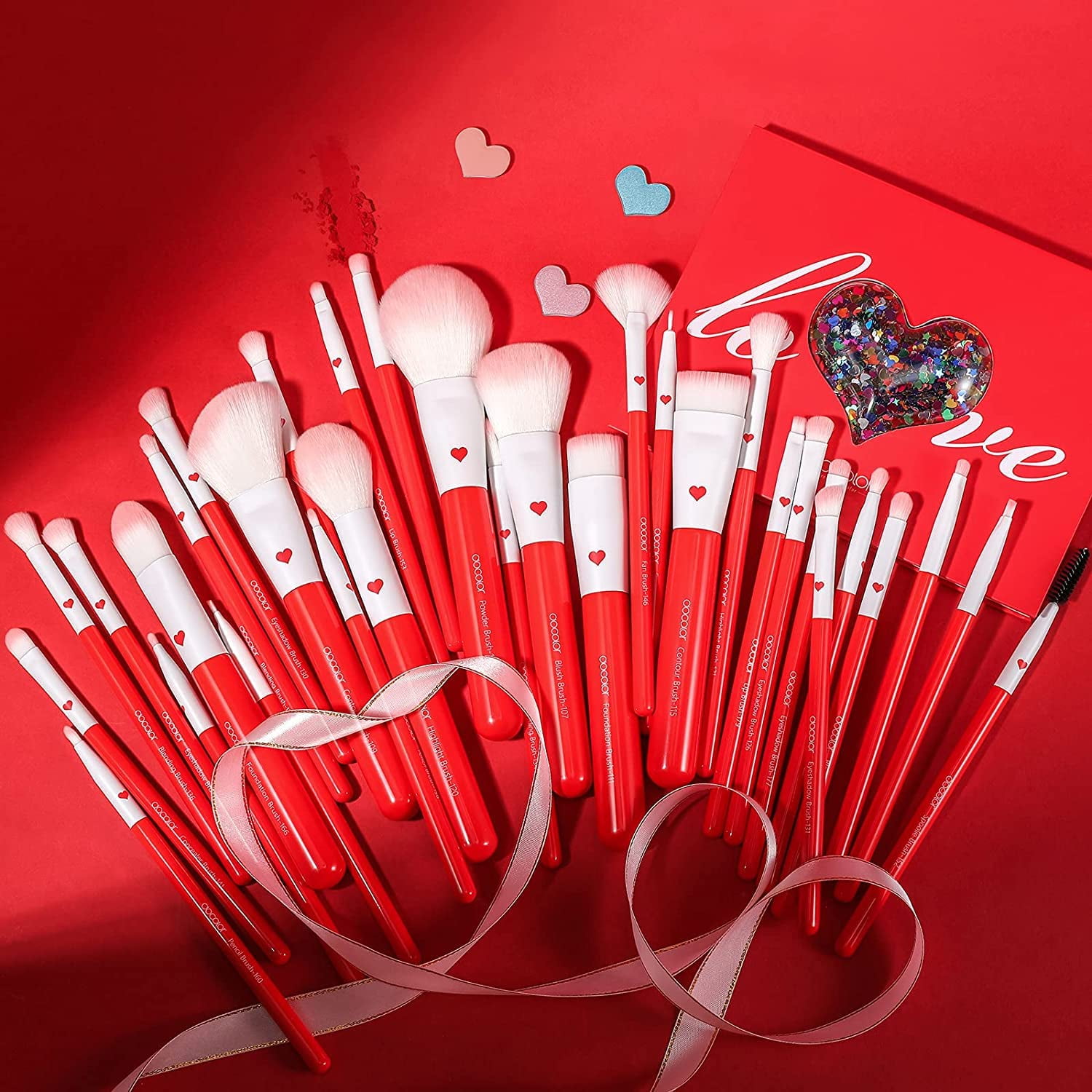 Docolor 32-Piece Red Kabuki Makeup Brush Set for Face, Eyes, and Brows
