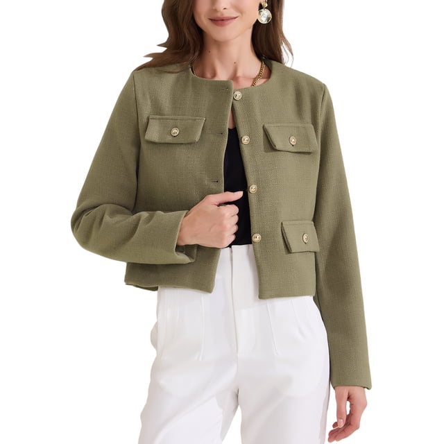 CHAQUETA DE TRABAJO DE MUJER CHIC CORTA DE MANGA LARGA DE TWEED CON BOTONES OTOÑO INVIERNO M VERDE OLIVA