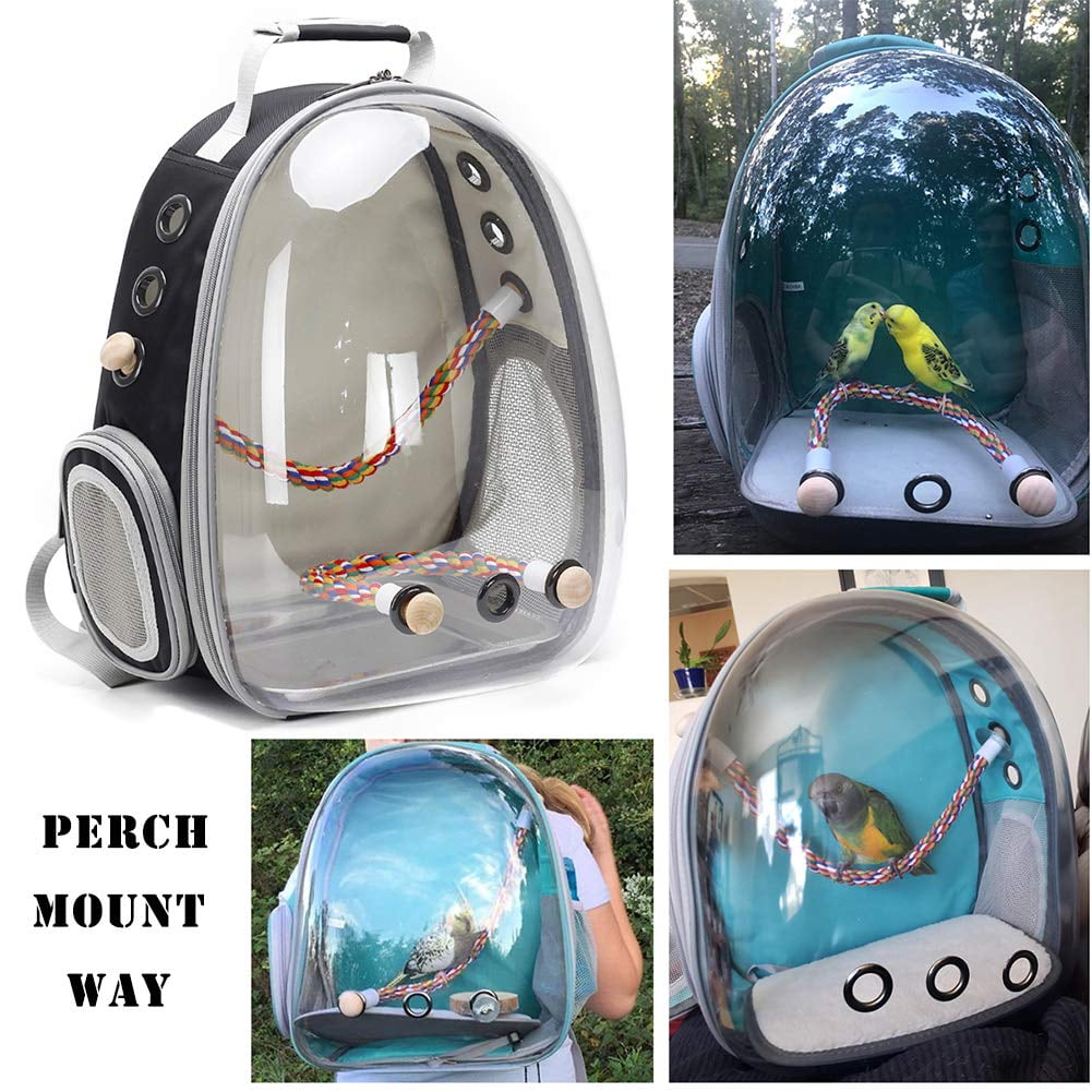 Bird Traval Carrier Cage, Clear Space Capsule Astronaut Backpack to Carry Parakeet Cockatiel Parrot with Metal Tray bird feeder and Wood Perch, Vet Transport Bag