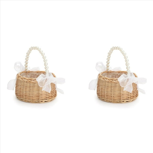 2X Cesta de Mimbre para Niña de Flores para Bodas, Cesta de Flores de Ratán, Cesta de Niña de Flores Hecha A Mano con Asa y Cinta