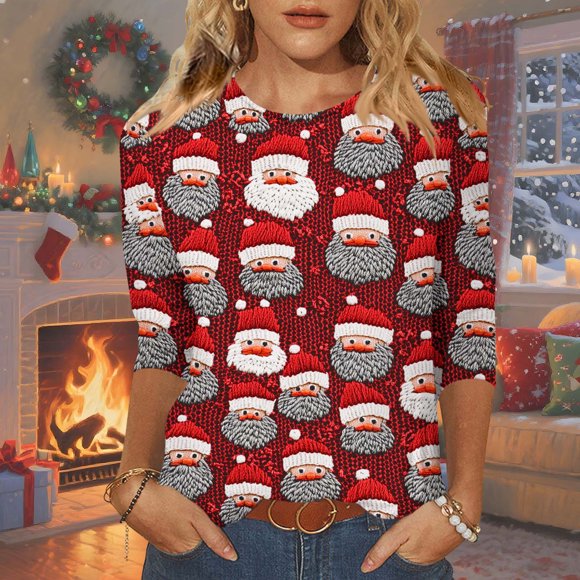 Horkkom Christmas Shirts for Women 3/4 Sleeve Christmas Tree Print Round Neck Loose Top T-shirt S