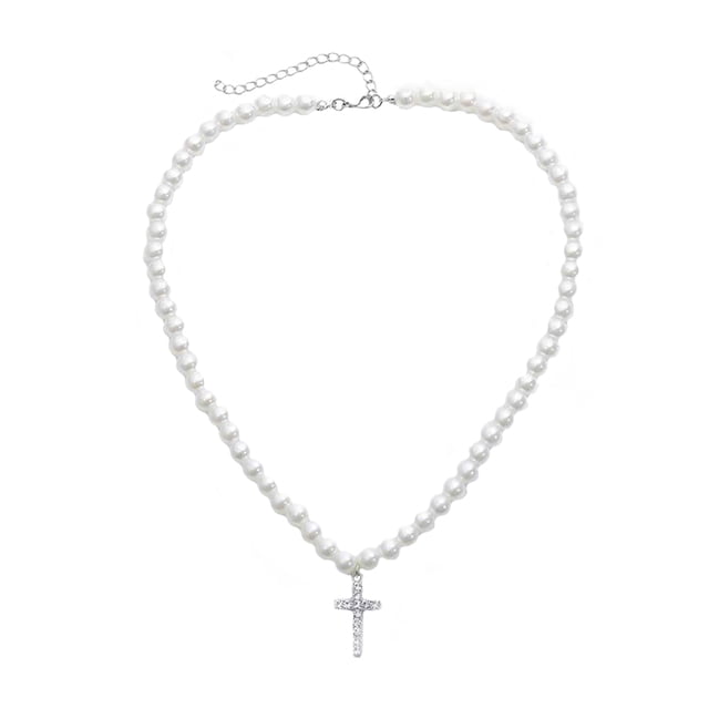 MasteelfCA Collier de Perles Pendentif Croix Délicate Collier Chaîne de Cou Bijoux pour Femmes