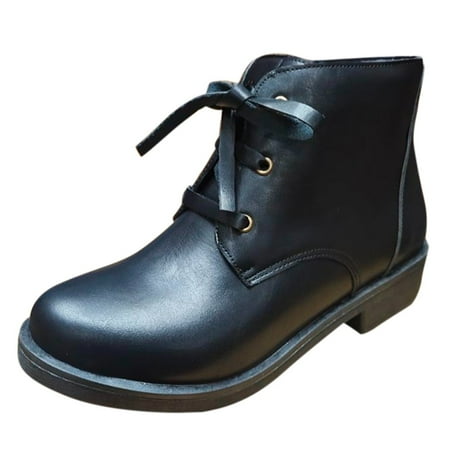 

Puawkoer Retro Women Leisure Solid Color Square Heels Lace Up Short Booties Round Toe Shoes