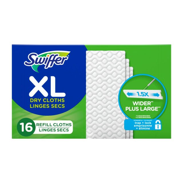 paños de barrido en seco sweeper xl, 16 unidades, swiffer Caja frontal con 16 paños secos XL blancos con patrón en relieve y logotipo Swiffer; paños 1.5x más grandes para cubrir áreas amplias, diseñados para usar con Swiffer XL y aptos para pisos duros como madera, baldosas y vinilo. También suelen utilizarse para atrapar pelo y polvo dentro de vehículos o en rincones difíciles.