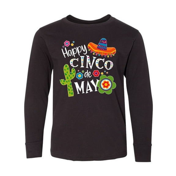 Inktastic Happy Cinco de Mayo- Sombrero, Cactus, Flowers Long Sleeve Youth T-Shirt
