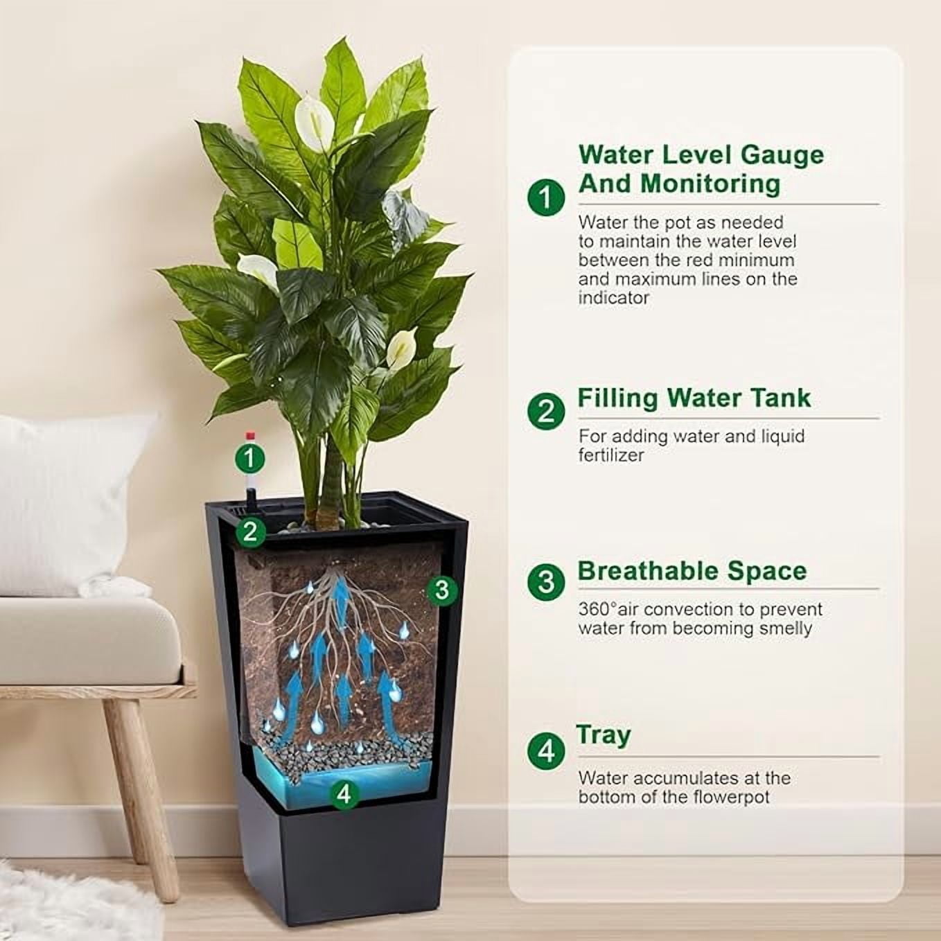22" Tall Planters Set of 2, Outdoor＆Indoor Black Planter Pots, High Front Porch Planter Pots with Drainage Holes＆Water Level Monitor＆Inner Bucket, Automatic Watering, Black
