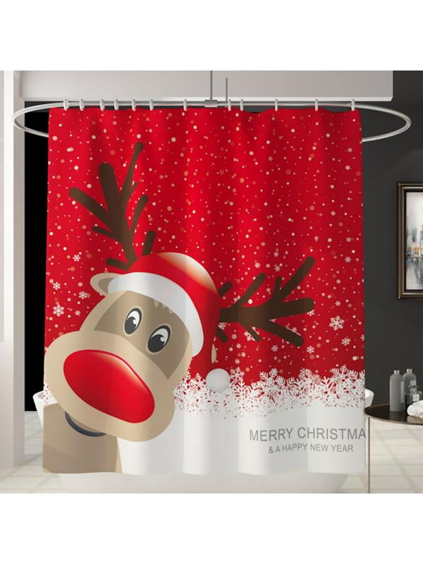 Merry Christmas and Happy New Year Bathroom Fabric Shower Curtain Set 71Inch 