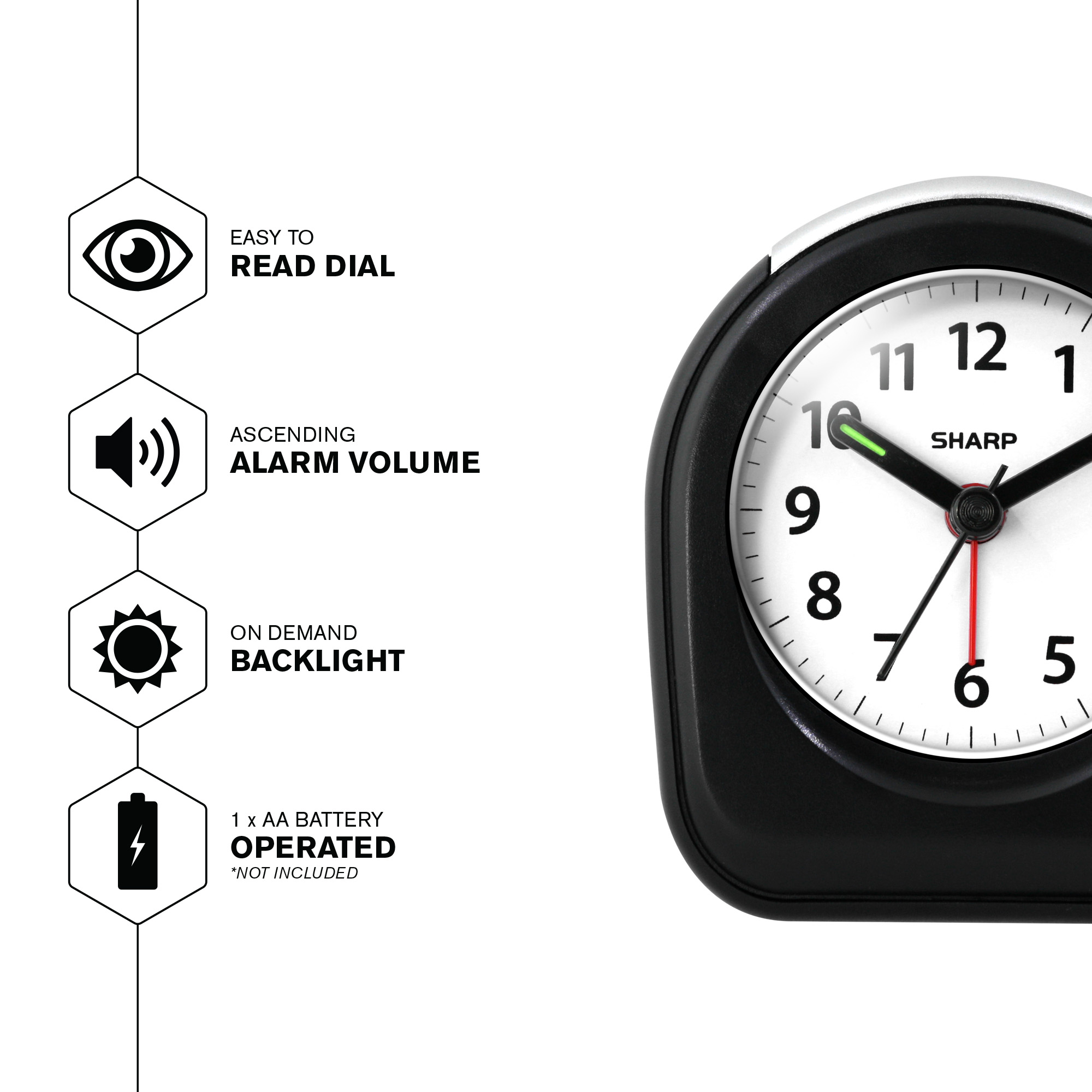 SHARP Quartz Analog Arch Alarm Clock, Black, Battery Operated, Small, Travel Clock - image 3 of 6