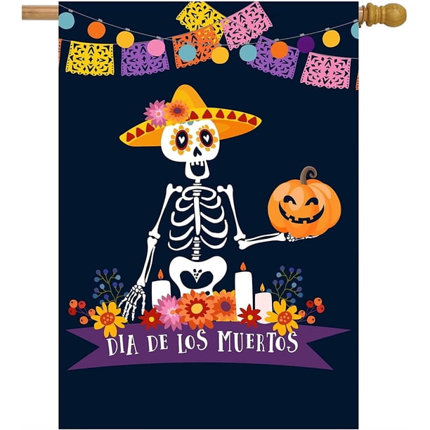 Bandera de casa del Día de los Muertos, México, con diseño de calavera de azúcar, esqueleto, calabaza y flores, de 30 x 45 cm, de poliéster de doble cara, ideal para jardín, patio, césped, decoración