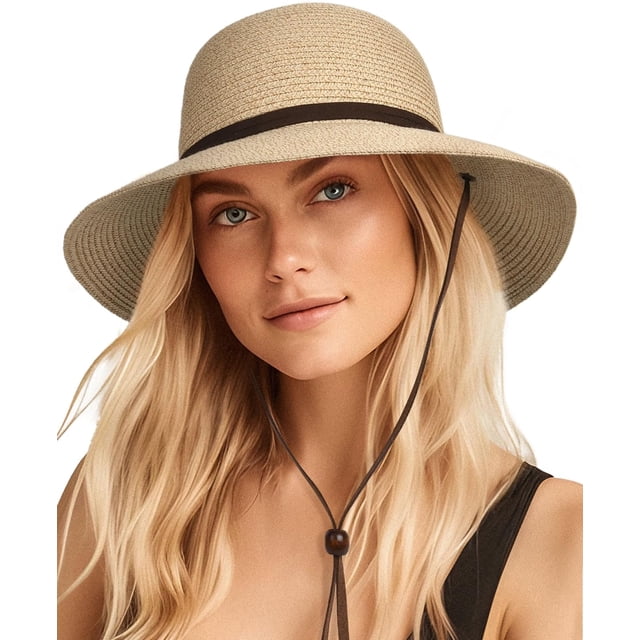 Womens Wide Brim Sun Hat with Wind Lanyard UPF Summer Straw Sun Hats for Women
