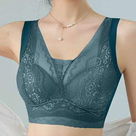Ndbuld Plus Size Bras for Women Women Oversized Lace Thin Lingerie with A Large Chest and No Steel Ring Sports Bra Gathered Sagging and Beautiful Back Daily Bra Up to 35% off L-4XL XXL Blue