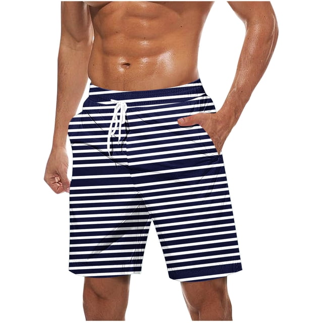 JIUKU Plus Size Mens Shorts Casual Summer Striped Elastic High Waisted Drawstring Beach Shorts with Pockets