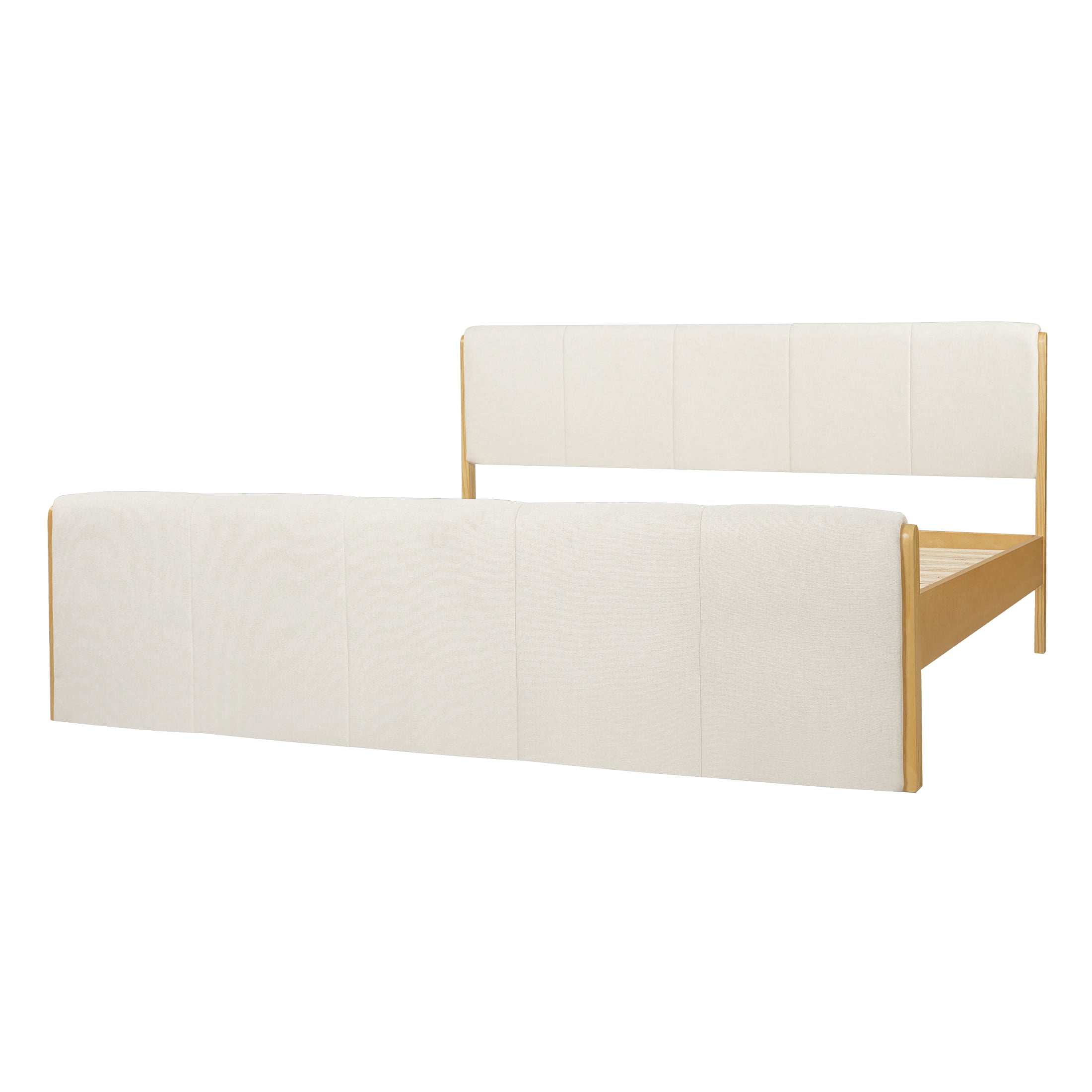 Christopher Knight Home King Upholstered Bed Frame, Platform Bed with Wood Trim, White + Natural