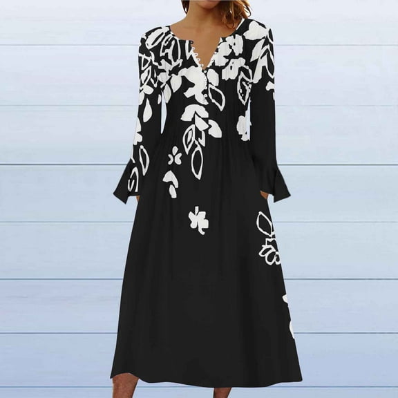 Wancir Women Long Sleeve V-Neck Casual Long Dress Pleated Waist Maxi Dresses with Pockets