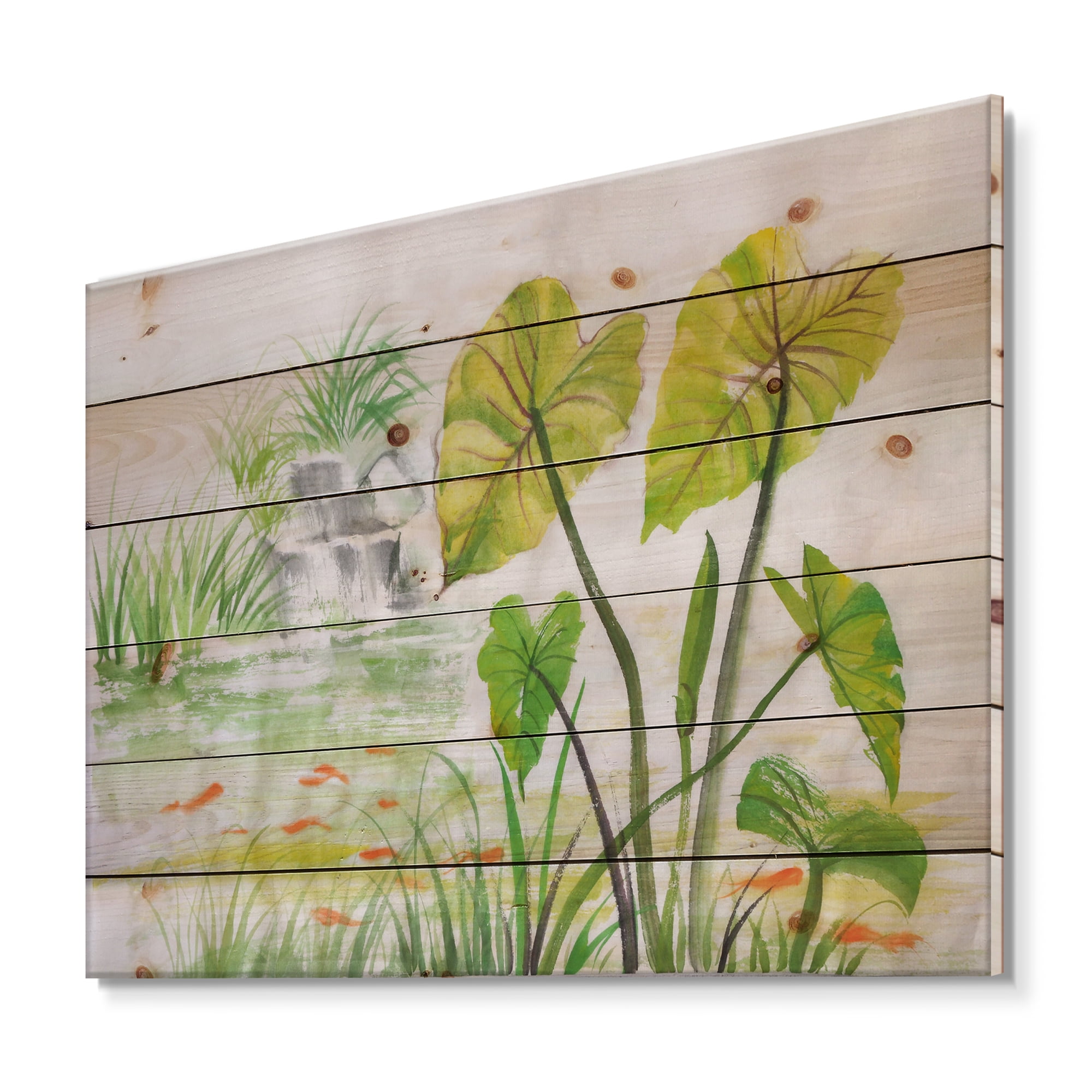 Designart 'Ancient Lotus Pond' Lake House Print on Natural Pine Wood