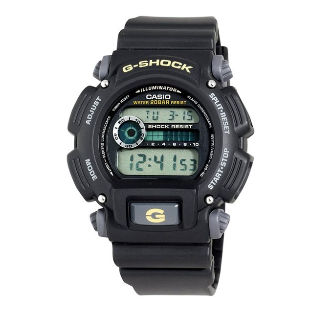 reloj digital multifunción g-shock para hombre casio Producto de importación. Reloj digital G-Shock Casio amarillo y negro, vista frontal centrada de caja redondeada y correa de resina; pantalla LCD doble muestra 12:41, pequeño dial circular y botones exteriores etiquetados (Adjust, Mode, Split/Reset, Start/Stop). Fondo blanco. Suele usarse también para actividades deportivas por su diseño resistente.