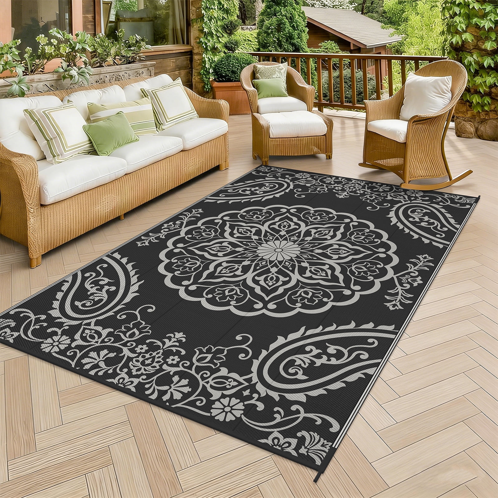 MeyJey 6'x9' Outdoor Rugs for Patio, Patio Rug Waterproof RV Mats, Plastic Straw Camping Area Rug for Indoor Porch Balcony Beach Mat, Black/Grey