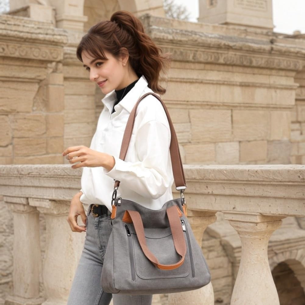 Lohol Canvas Handbag for Women Fashion Cloth Tote Shoulder Purses Hobo Casual Crossbody Bag Large Top Handle Shopper Bag (Brown)