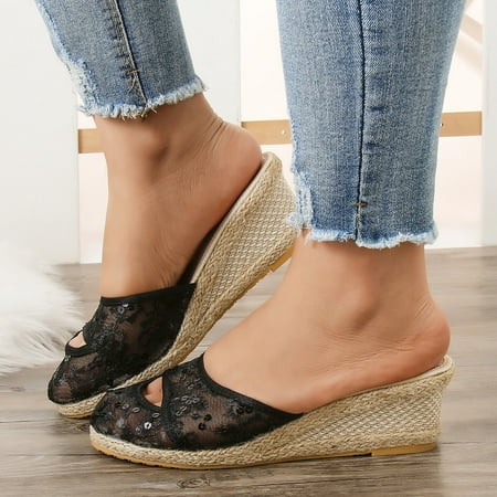

uikmnh Slippers for Women Women Platform Wedge Slippers Cool Versatile Sequin Mesh Breathable Wedge Slippers Sandals Black 9