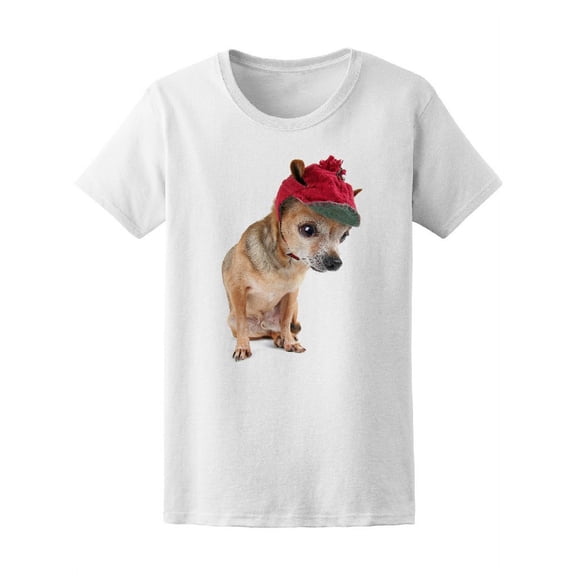 Cute Chihuahua Red Xmas Hat T-Shirt Women -Image by Shutterstock, Female Small