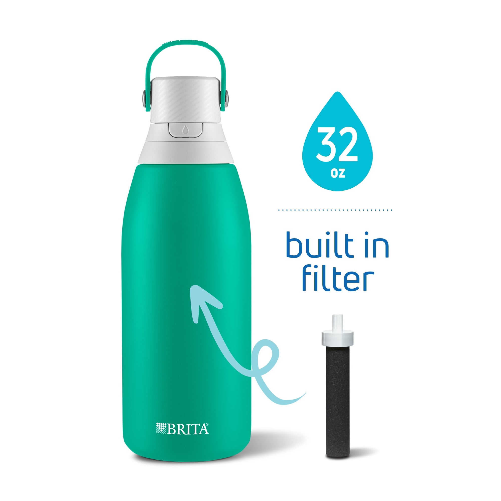 Brita Stainless Steel Premium Filtered Water Bottle, 32 Oz Jade