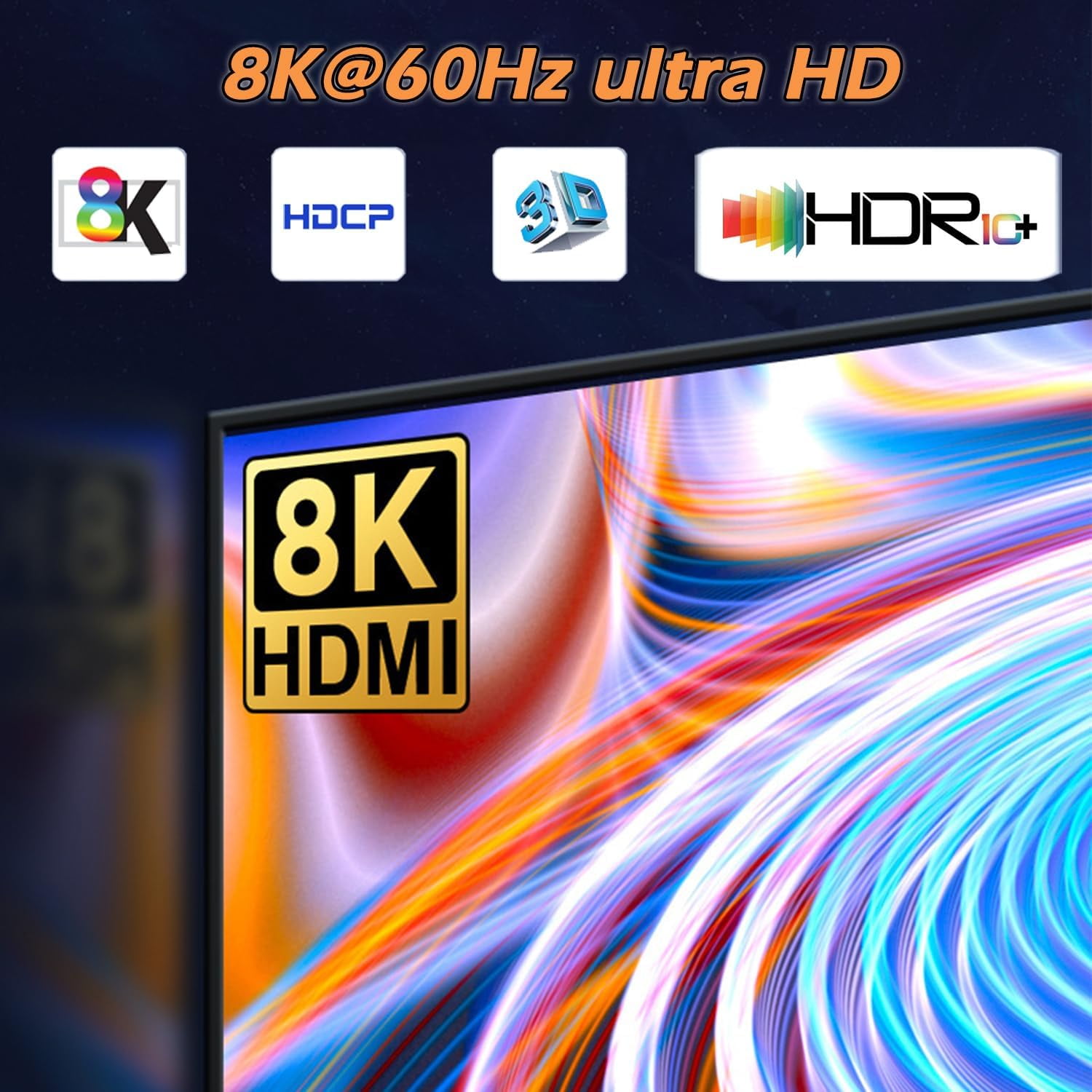 8K@60Hz HDMI 2.1 Splitter Cable 1 in 3 Out 1x3, Support 4K@120Hz 1080P@240Hz 48Gbps VRR HDCP2.3 HDR HDR10 EDID Dolby Atmos 7.1ch Audio, Only Duplicate/Mirror Screens Not Extend