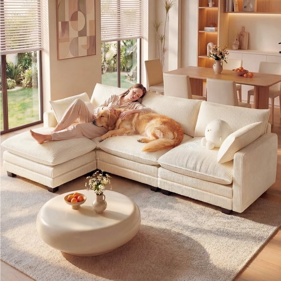 110.2" Cloud Couch Sectional, Lofka Modern Modular Sofa with Deep Seat, Upholstered Living Room Furniture Set with Movable Ottoman and 2 Throw Pillows, Beige Couch
