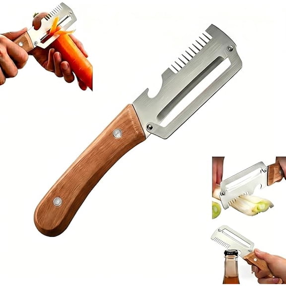 Premium Vegetable Peeler with Wooden Handle & Bottle Opener, Multi-Functional Kitchen Tool for Effortless Peeling, Shredding & Drink Opening, Ideal for Potatoes, Carrots, Pumpkins & More (1 Pack)
