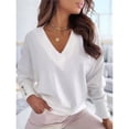thumbnail image 4 of Womens Long Sleeve V Neck Sweater Casual Loose Chunky Knit Fall Sweater Pullover Shirts Top for Women White M, 4 of 5