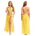 thumbnail image 5 of YiZYiF Women's Belly Dance Costume Halter Crop Top with Sequin Tassel Split Mesh Long Skirt 2Pcs Set Gold A XXL, 5 of 6