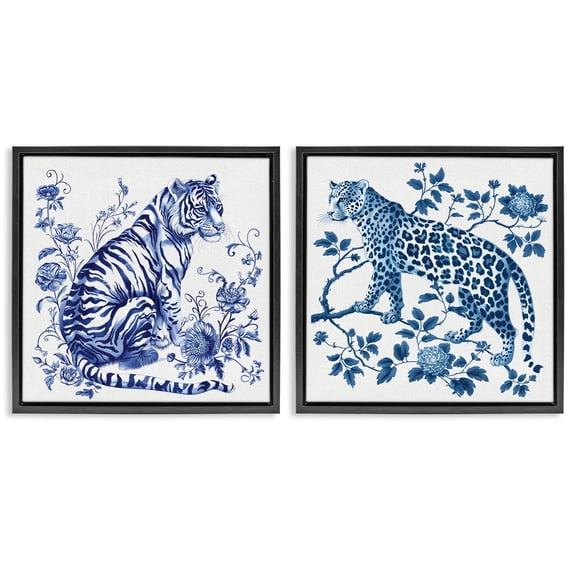 Ornate & Detailed Large Cats 2 Piece Black Framed Floater Canvas Set, design by Lettered and Lined