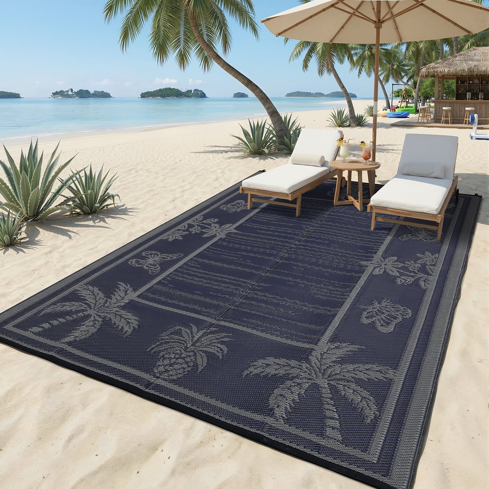 FairOnly 9'x12'Modern Tropical Floral Outdoor Rug Waterproof Reversible & Portable for Patio Poolside & Beach RV,Black Blue