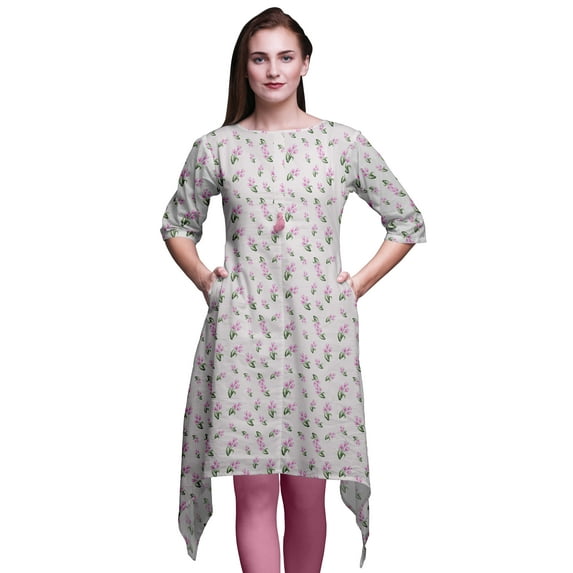 Bimba Pink Leaves & Tulip Floral Printed Tops For Women Asymmetric Kurti Summer Dress For Girls Large