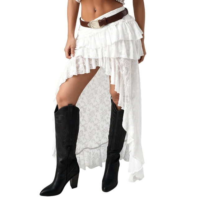 Mialoley Women Floral Lace Ruffle Skirt, Elastic Waist High Low Layered Casual Summer Skirt